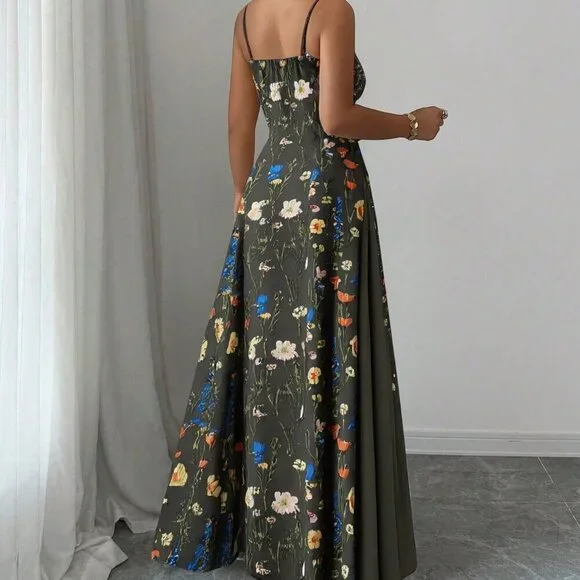 Army Green Boho Women's Elegant Floral Sleeveless Dress - Picture 2 of 5